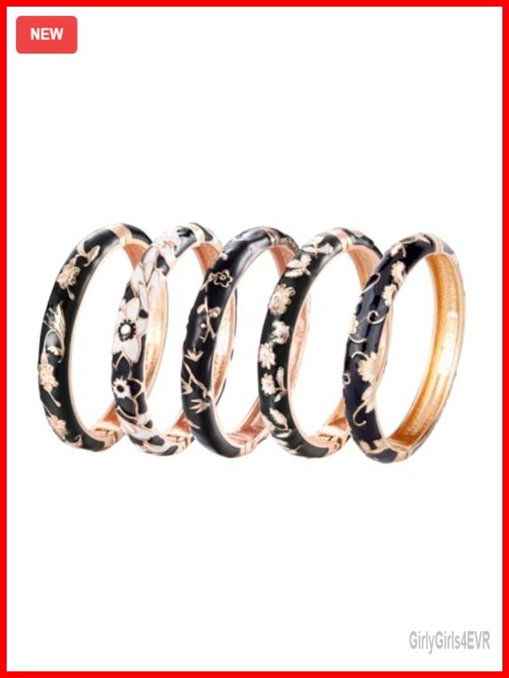 5 Pc Enamel Flower Engraved Cloisonne Bangle Bracelet Set Gift Box